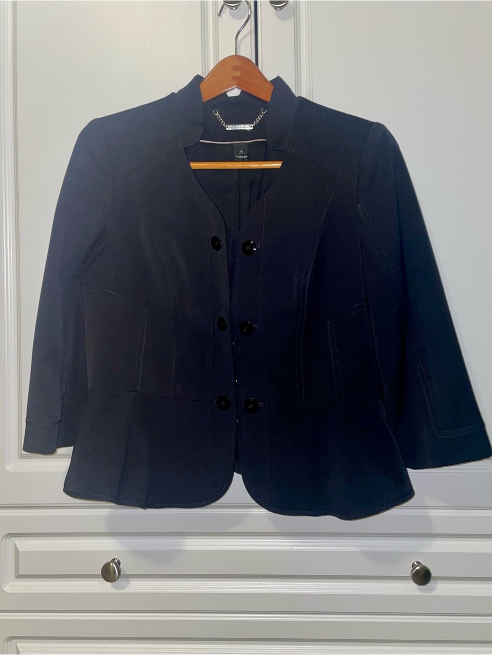WHBM Black Tailored 3/4 Sleeve Button Front Flare Waist Blazer